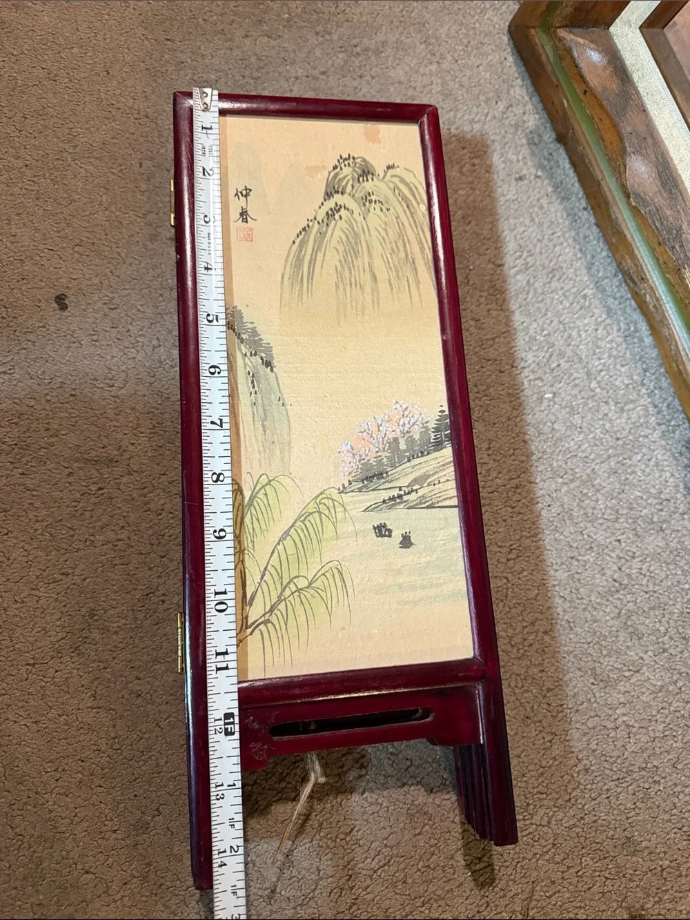 vintage Asian 4-panel tabletop screen features hand-painted silk panels